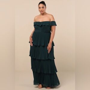 Lulus Always Remarkable Emerald Pleated Off-the-Shoulder Maxi Dress